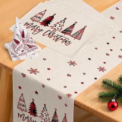 YCOLL Weihnachts-Tischdeko-Set: Läufer 40x240 cm, 8 Platzsets, 40 Servietten