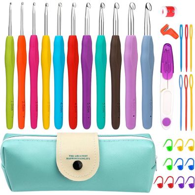 Ruasol Häkelnadel Set mit ergonomischen Griffen, 11 Größen, 32 Teile, inkl