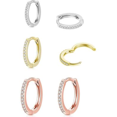 Huabola CALYN 3 Paar Creolen Silber 925, Gold & Roségold, 8/10/12mm, Zirkonia