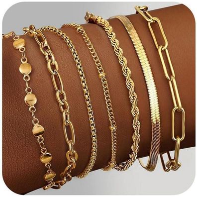 Adramata 7-teiliges Damen Armband Set Edelstahl 14K Vergoldet - Verstellbar