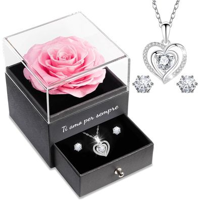 Sunia Ewige Rose Rosa - Konservierte Echte Rose mit Halskette, Geschenk für