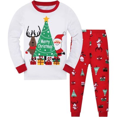 Codkkre Kinder Weihnachts-Schlafanzug Langarm Baumwolle Pyjama Set 2-12 Jahre