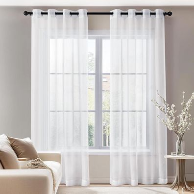 Deconovo Transparente Voile Vorhänge mit Ösen, 2er Set, Weiß, 290x140 cm