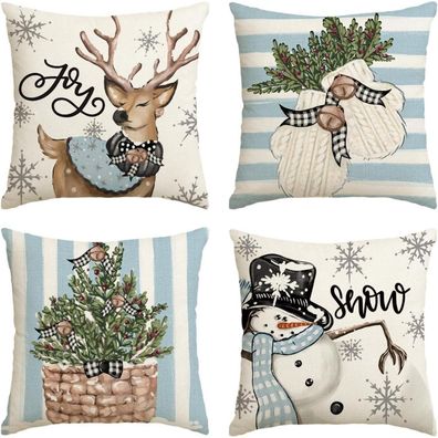 Artoid Mode 4er Set Weihnachtliche Kissenbezüge Blau Schneemann Rentier 45x45 cm