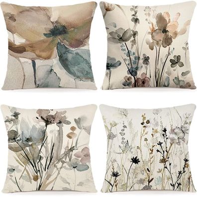 YCOLL Blumen Kissenbezug 60x60 cm, 4er Set, Leinen-Mischgewebe, Aquarell-Design