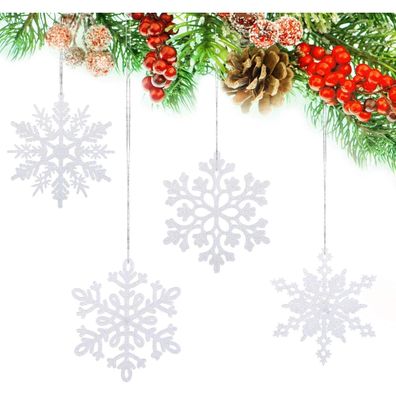 Kesote 24er Set Schneeflocken Deko Weiß, Glitzer Weihnachtsbaum Anhänger für