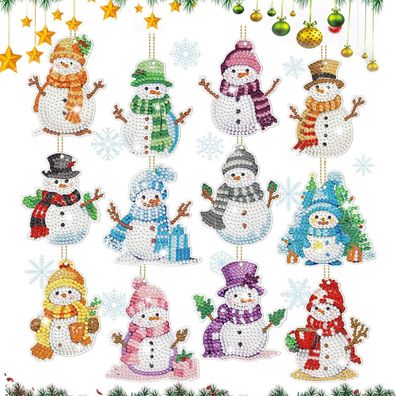 12er Set Multicolor Schneemann Diamond Painting Schlüsselanhänger Kit