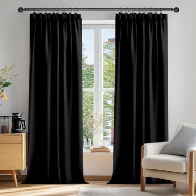 Deconovo Verdunkelungsgardinen mit Kräuselband, 2er Set, 229x168cm, Schwarz