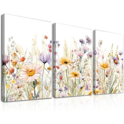 Dazzlewall 3-teiliges gerahmtes Wildblumen Wandkunst Dekor, Aquarell Blumen