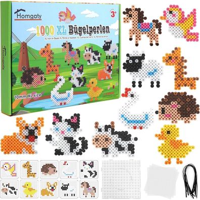 Homgaty Große 10mm Bügelperlen Set, 1000 Stück XL Steckperlen mit Platten und