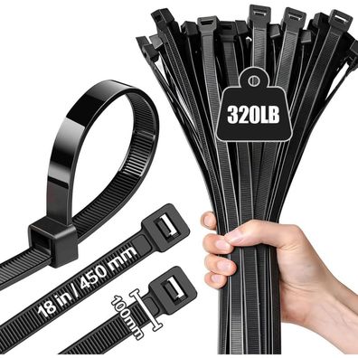 Caiery 100 Stück Große lange Kabelbinder 450 mm x 10 mm, UV-Beständig, Schwarz