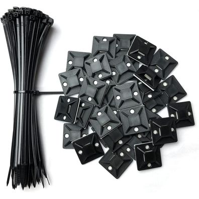 Oksdown 100 Stück Kabelbinder schwarz 150x2,5mm mit 60 Montagesockel 25x25mm