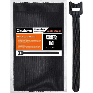 Oksdown Klett Kabelbinder 50 Stück Schwarz, Wiederverwendbar, 150mm x 12mm