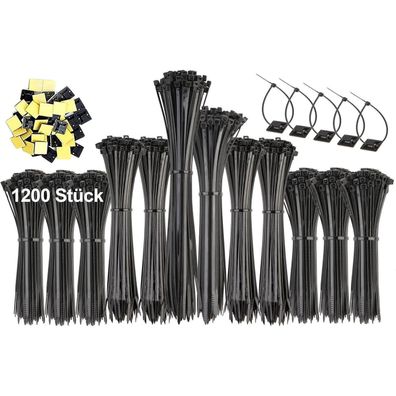 1200 Stück UV-beständige schwarze Kabelbinder (100/150/200/250mm) mit 50