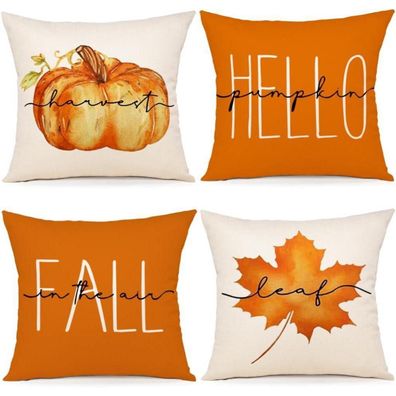 ZWJD Herbst Deko Kissenbezüge 45x45 cm, 4er Set, Leinen-Mischgewebe mit Kürbis