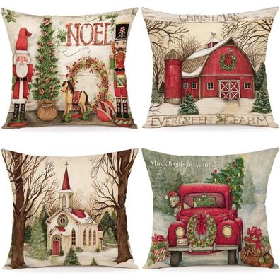 ZWJD 4er Set Kissenbezüge 45x45 cm Weihnachten Dekokissen Leinen Kissenhüllen