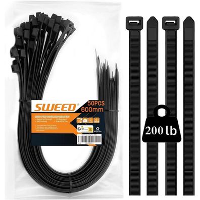 SWEED 50x Kabelbinder Schwarz Lang 600mm, UV Beständig, 90Kg Zugfestigkeit