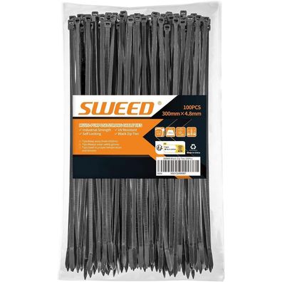 SWEED Kabelbinder schwarz 300mm, 100 Stück, UV-beständig, 4.8mm, 22kg