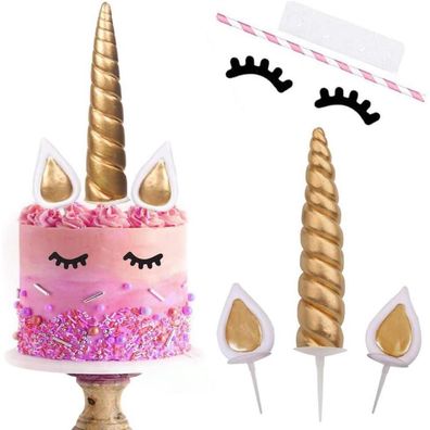 QUOHE Einhorn Tortendeko Set Gold, 1 Horn, 2 Ohren, 2 Wimpern für Geburtstag