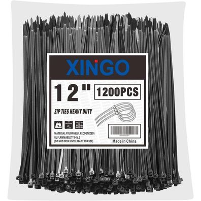 XINGO Kabelbinder Schwarz 300mm x 5.8mm, 1200 Stück, UV-beständig, 34 kg