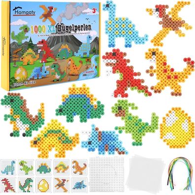 Homgaty Große 10mm Bügelperlen Dino Set, 1000 Stück XL Steckperlen mit 10