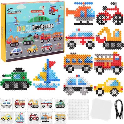 Homgaty Große 10mm Bügelperlen Fahrzeuge Set, 1000 Stück XL Steckperlen mit
