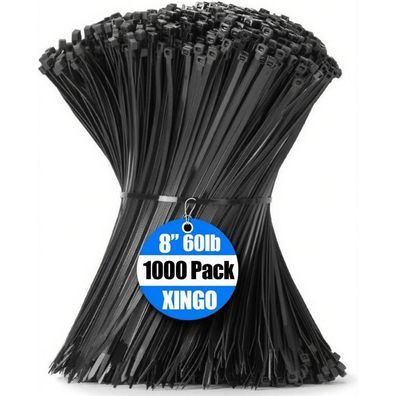 XINGO Kabelbinder Schwarz, 1000 Stück, 200mm x 4.8mm, 22,7 kg Zugfestigkeit