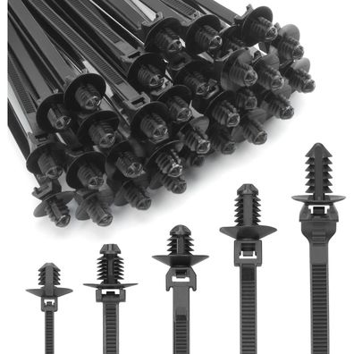 XINGO 150 Push-Montage Kabelbinder, 5 Arten, Nylon, Schwarz