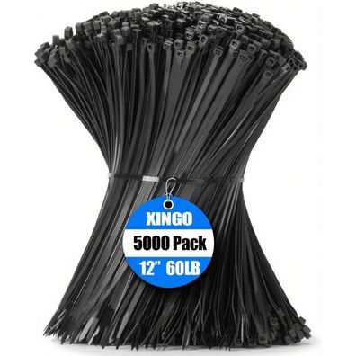 XINGO Kabelbinder aus Nylon PA66, 30,5 cm, 27,2 kg Zugfestigkeit, Schwarz, 5000