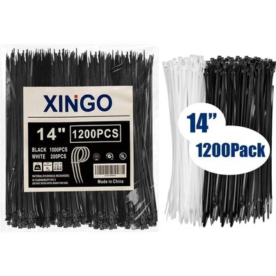 XINGO Kabelbinder 35,6 cm schwarz (1000 Stk.) + weiß (200 Stk.), 18,1 kg
