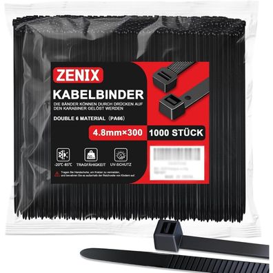 ZENIX Kabelbinder Schwarz 4.8mm x 300mm, 1000 Stück, UV Beständig, 28kg