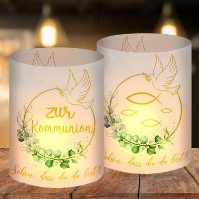 12x Windlicht Tischdeko Eukalyptus Grün für Kommunion, Taufe, Kerzen