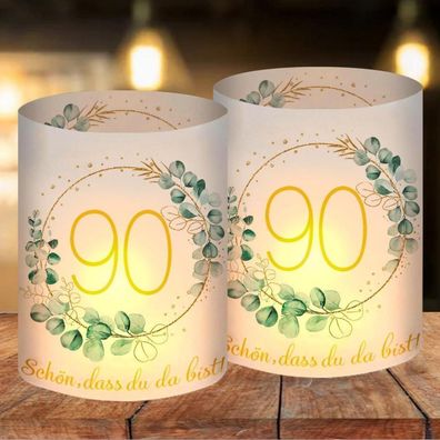 12x Windlicht Tischdeko 90. Geburtstag - "Schön dass du da bist" & Eukalyptus