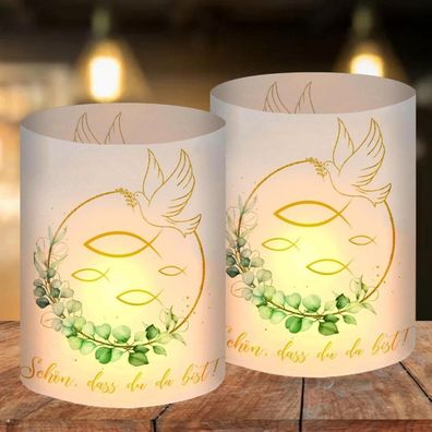 12x Windlicht Tischdeko für Taufe, Kommunion, Konfirmation - Fisch & Eukalyptus
