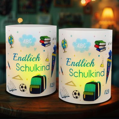 12er Set Einschulung Windlichter für Jungen - Tischdeko Schulanfang "Endlich