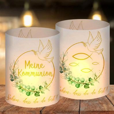 12x Windlicht Tischdeko Meine Kommunion Eukalyptus Grün für Teelichter/Kerzen