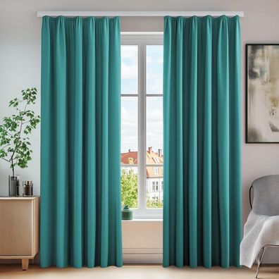 Deconovo Blickdichter Thermovorhang mit Kräuselband, 2er Set, 220x140 cm, Türkis