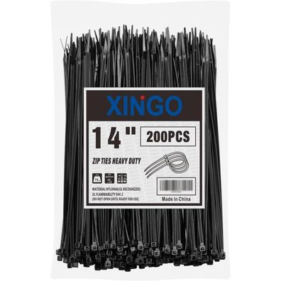 XINGO 35,6 cm schwarze Kabelbinder, 34 kg Zugfestigkeit, UV-beständig, 200 Stück