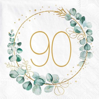 Sprinlot 90. Geburtstag Servietten, 40 Stück Eukalyptus Gold Grün