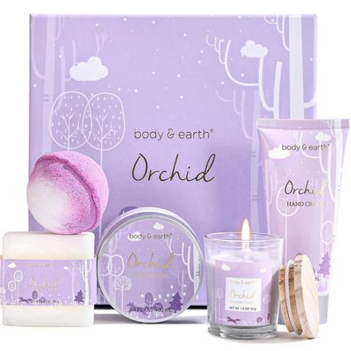 BODY & EARTH Geschenkbox für Frauen: Orchideenduft Geschenkset mit Duftkerze