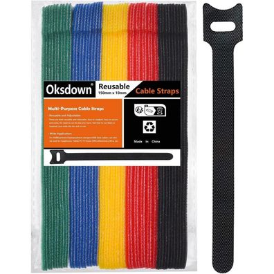 Oksdown Klett Kabelbinder 50 Stück Mehrfarbig, Wiederverwendbar, 150mm x 12mm