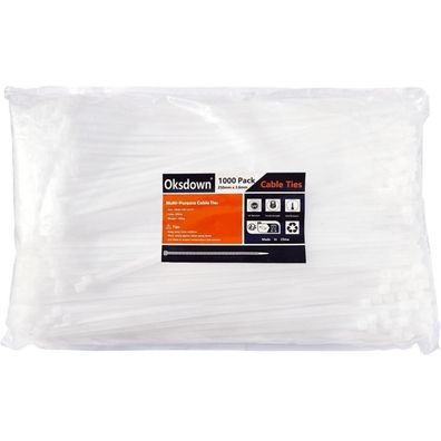 Oksdown 1000 Stück Weiße Kabelbinder 250mm x 3,6mm UV-Beständig mit 18 kg