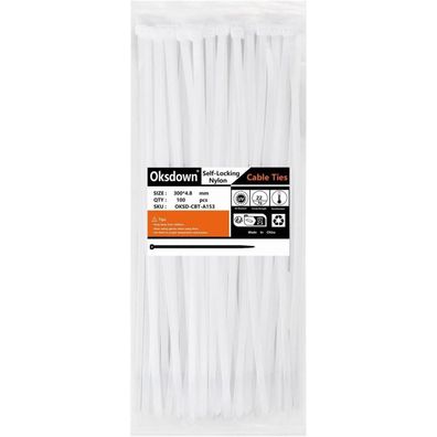 Oksdown 100 Stück Weiße Kabelbinder 300mm x 4,8mm UV-Beständig mit 22 kg