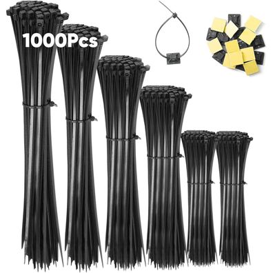 Highwings 1000 Stück Kabelbinder Schwarz Set, 100-300mm, Nylon, inkl. 20
