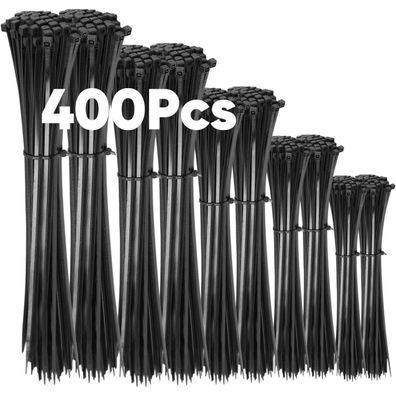 Highwings 400 Stück Kabelbinder Schwarz Set, 100/150/200/300 mm, Nylon