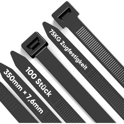Highwings Kabelbinder Schwarz, 100 Stück, 350 mm x 7,6 mm, 75kg Zugfestigkeit