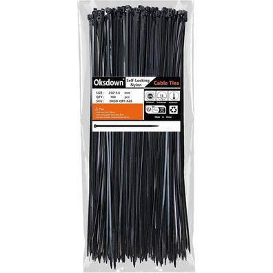 Oksdown Kabelbinder Schwarz 250mm x 3,6mm, 100 Stück, UV Beständig