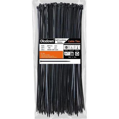 Oksdown Kabelbinder Schwarz 100 Stück, 200 mm x 2,5 mm, UV-Beständig, 8,1 kg