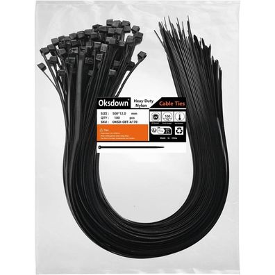 Oksdown Kabelbinder 500mm x 12mm, 100 Stück, Extra Stark, UV-Beständig, Schwarz