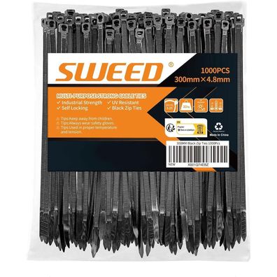SWEED Kabelbinder schwarz 300mm, 1000 Stück, UV Beständig, 4.8mm, 22kg